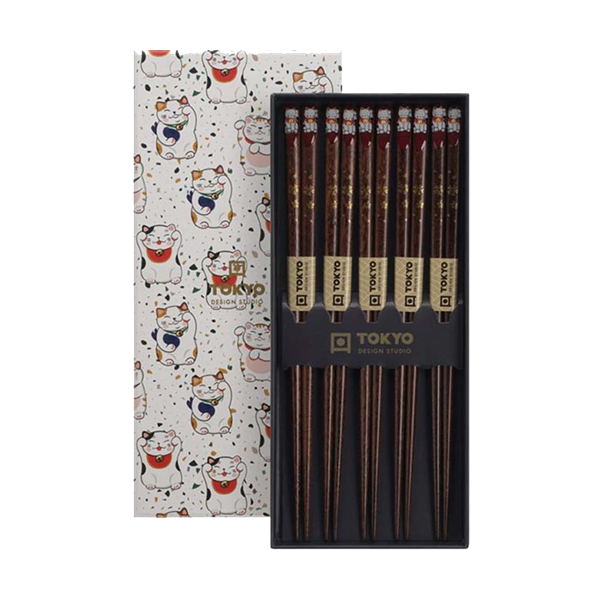 Bacchette di legno stile Giapponese - Gatto porta fortuna -Chopsticks Giftset -5 paia